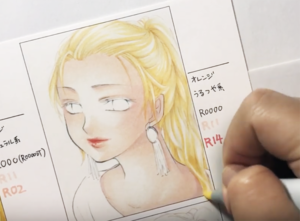 金髪の塗り方2:淡い色を重ねて、1で塗った色とハイライトの境界線をぼかす