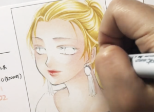 金髪の塗り方3:濃い色で髪の流れや影を描き込む。