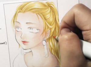 金髪の塗り方4:ベース色を重ねて、3で塗った部分の色を馴染ませる。