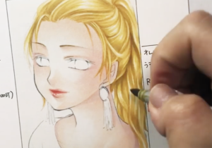 金髪の塗り方5:濃い色で影をつけたい部分、髪の流れをしっかり出したい部分を描き込む。