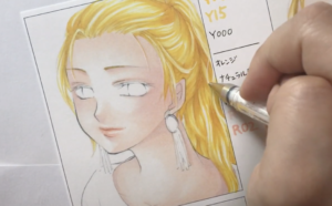 金髪の塗り方6:最後に髪の流れやハイライトをホワイトで描き込んで完成