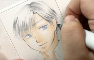 銀髪の塗り方4:再度上から影用の色を重ねて、髪の流れと陰影（耳の後ろや襟足など）を描きこむ。