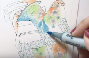 マスキングが乾いたら、上から生地・柄の色を塗ります。