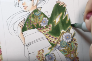 後から濃い色で生地（緑）を塗る