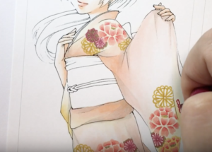 1で塗った生地の色よりも濃い色で、柄を描いていく