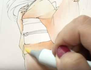 着物の生地を淡い色で全体を塗る（淡色のグラデーションなどにしても良い）